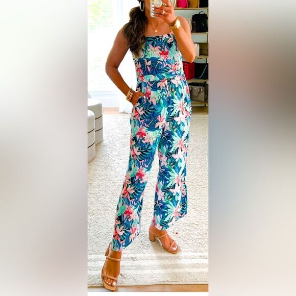 Loft Square Neck Tropical Floral Tank Cropped Wide Leg Jumpsuit Boho Cottagrcore - Picture 1 of 9